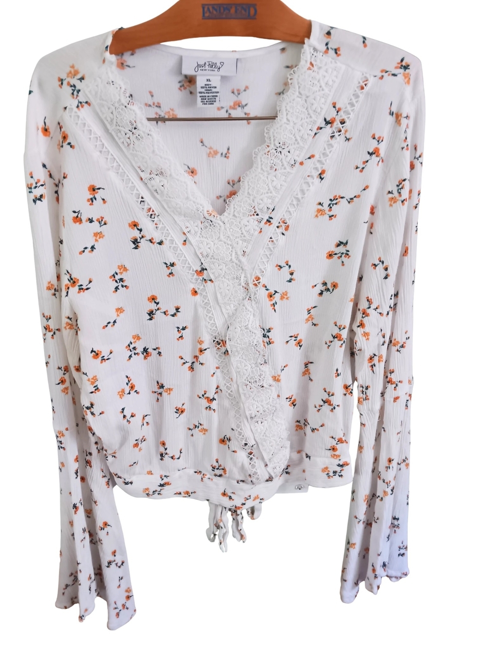 Just Polly Floral Lace Wrap Tie Front Bell Sleeve Blouse Top Women’s XL Boho - Picture 3 of 8